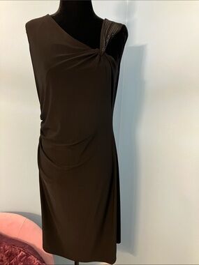 Evan Picone One-Shoulder Black Sheath Dress with Beaded Shoulder